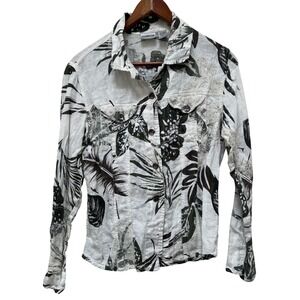 Chico's Linen Tropical Floral‎ Applique Button Up Jacket Blazer - Size 1/US M